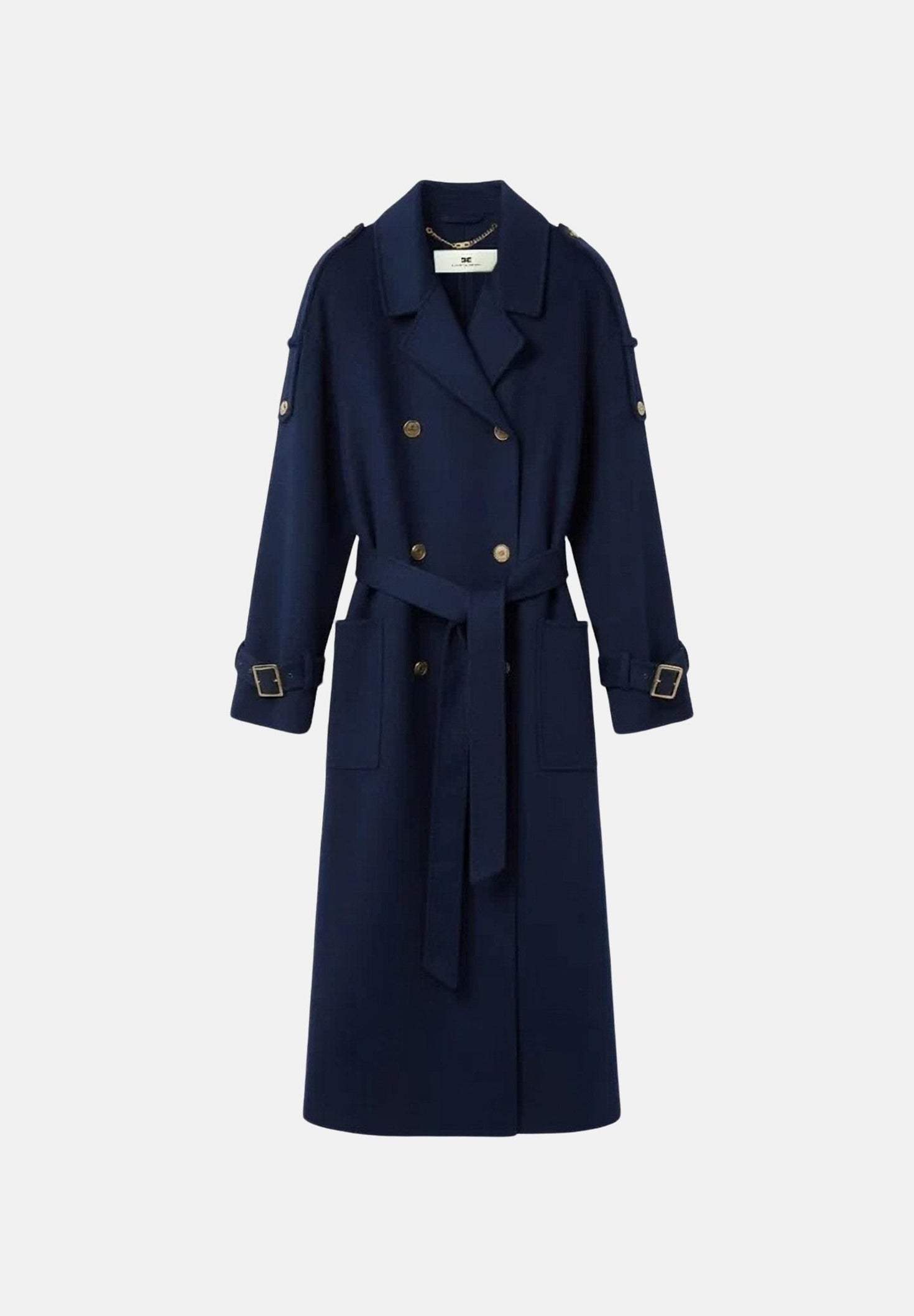 ELISABETTA FRANCHI Cappotto lungo blu da donna con cintura in vita e bottoni dorati a doppio petto CP02D66E2 H88 ELISABETTA FRANCHI