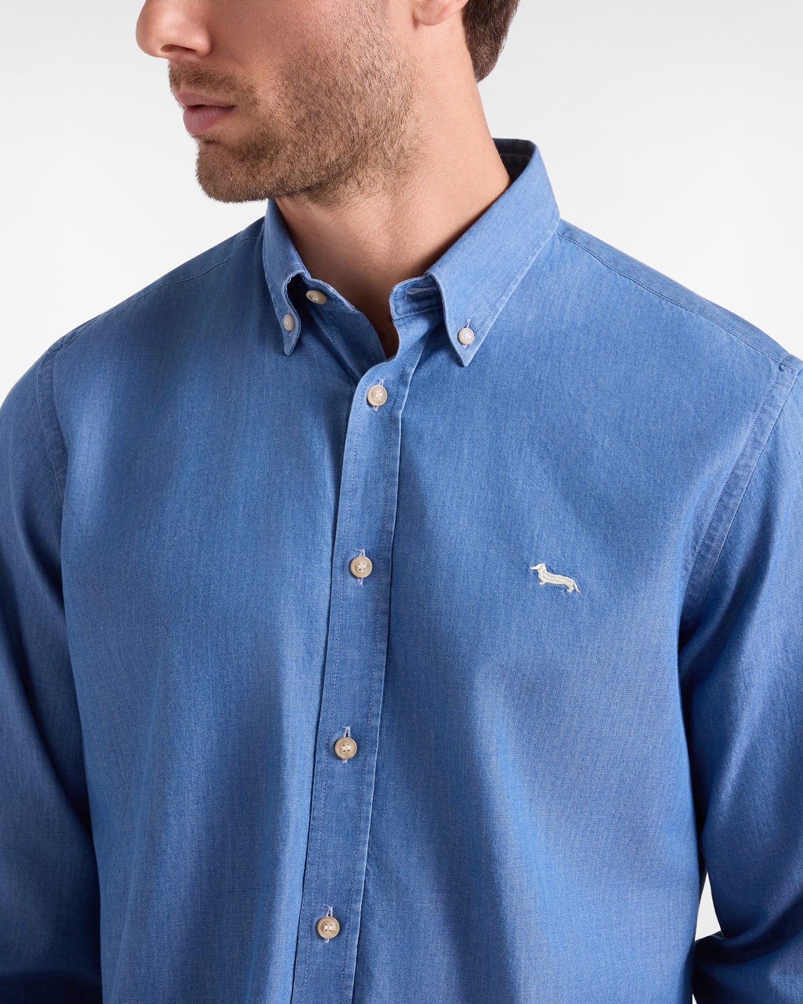 Camicia Uomo in denim collo button-down impunture corda Regular Fit blu CRR001013161M 804 HARMONT & BLAINE