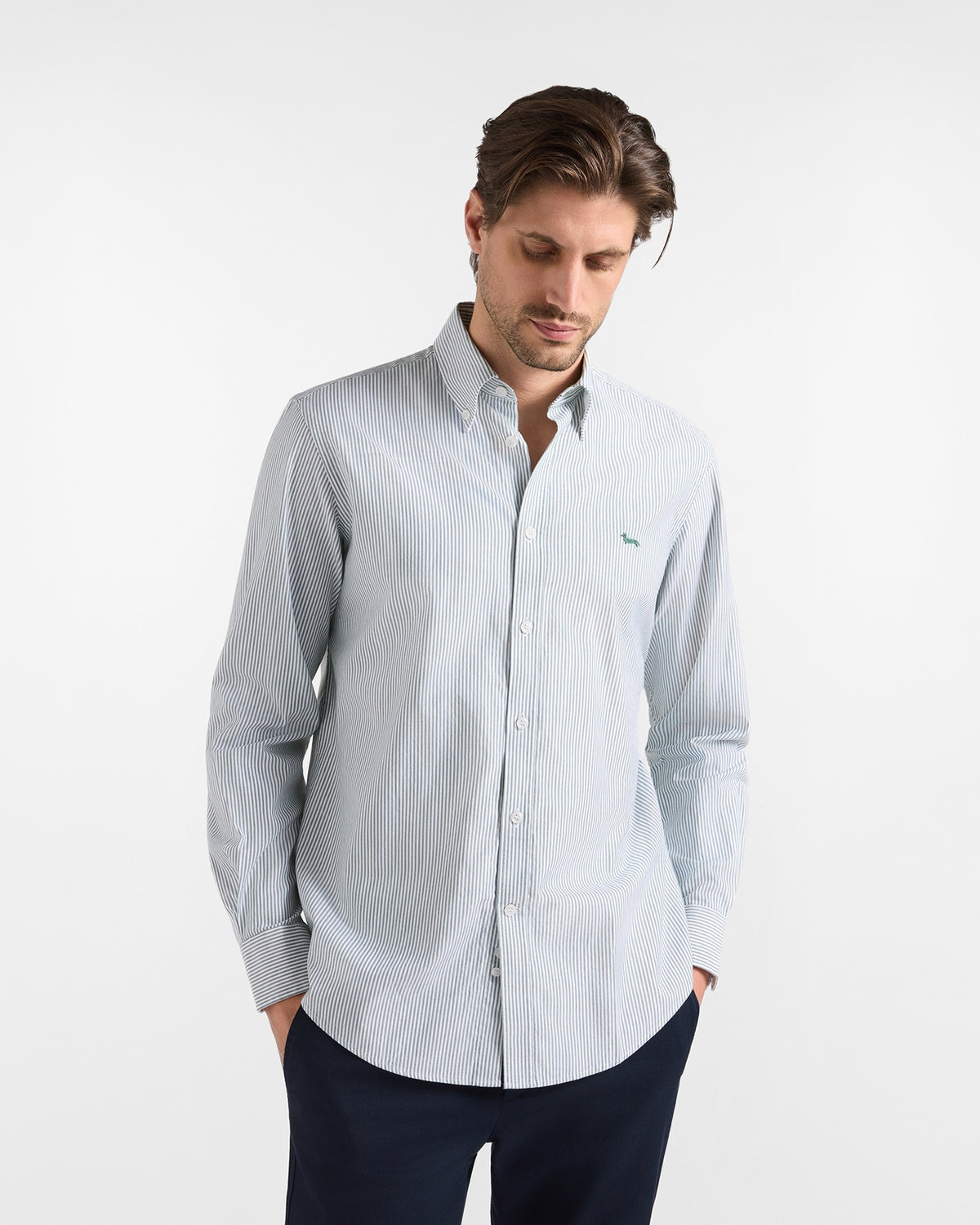 Camicia Uomo riga oxford tinto filo Regular Fit verde chiaro<BR/> CRR011013933B 643 HARMONT & BLAINE