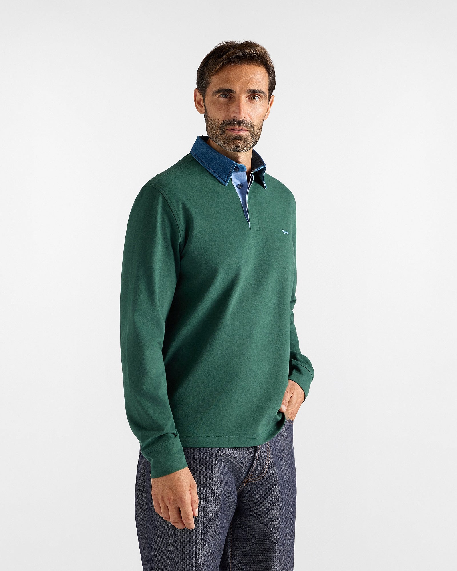 Polo da uomo manica lunga in jersey brushed di 100% puro cotone verde<BR/> LRR357021109S01 643 HARMONT & BLAINE