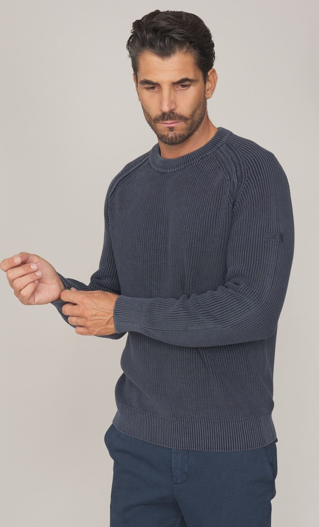 MAGLIA GIROCOLLO HESKIMO A COSTE IN COTONE LAVATO<BR/> HE2400001 BLUE HESKIMO