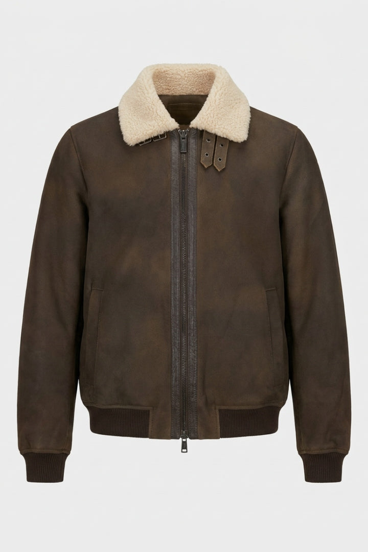Giubbotto in Pelle Scamosciata con Collo Shearling / Marrone HE2440049 MORO HESKIMO