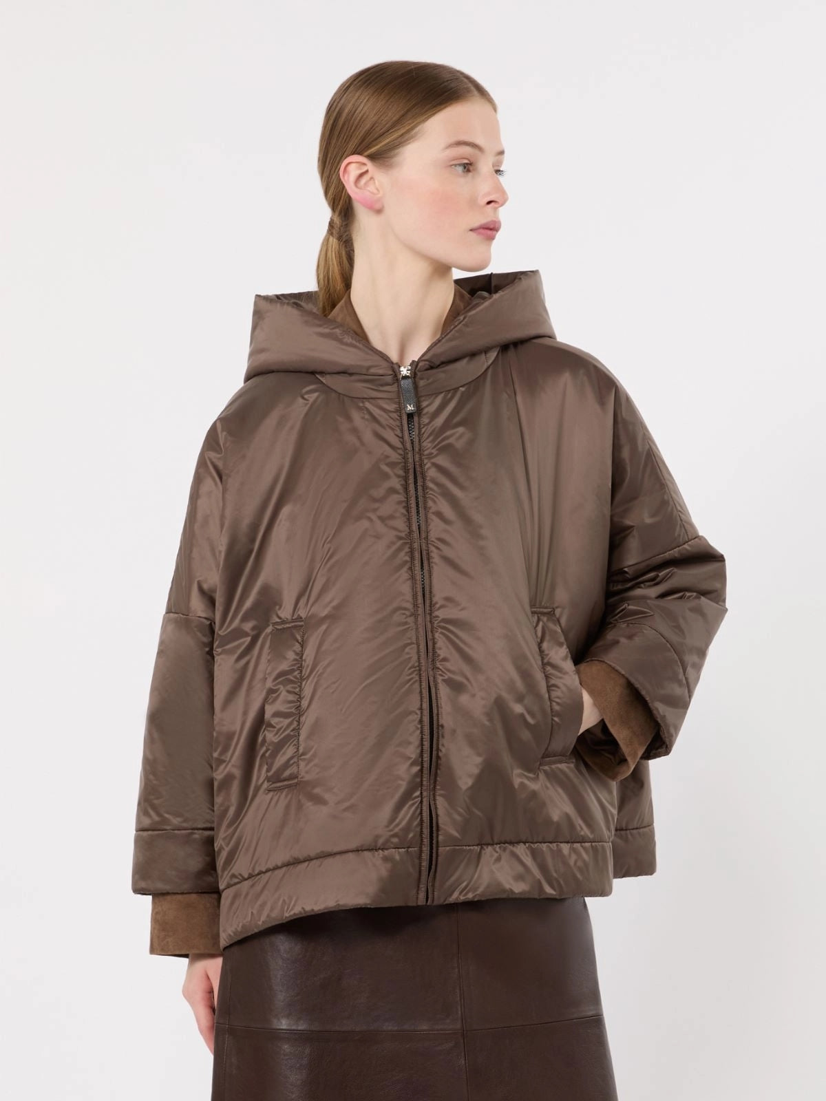 MAX MARA THE CUBE<BR/>Giacca imbottita in tela antigoccia con cappuccio - Marrone MTCFIORE 096 MAX MARA THE CUBE