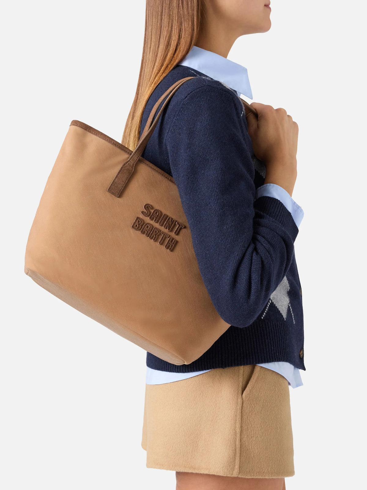 Borsa Medium City nocciola in tessuto cerato con ricamo logo<BR/> CBMID003 01015M MC2 SAINT BARTH