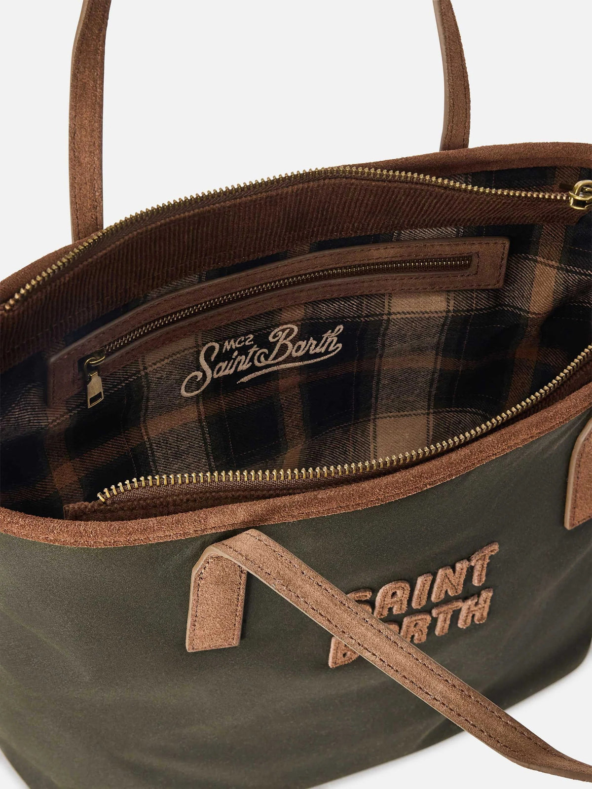 Borsa Medium City verde militare in tessuto cerato con ricamo logo<BR/> CBMID003 01022M MC2 SAINT BARTH