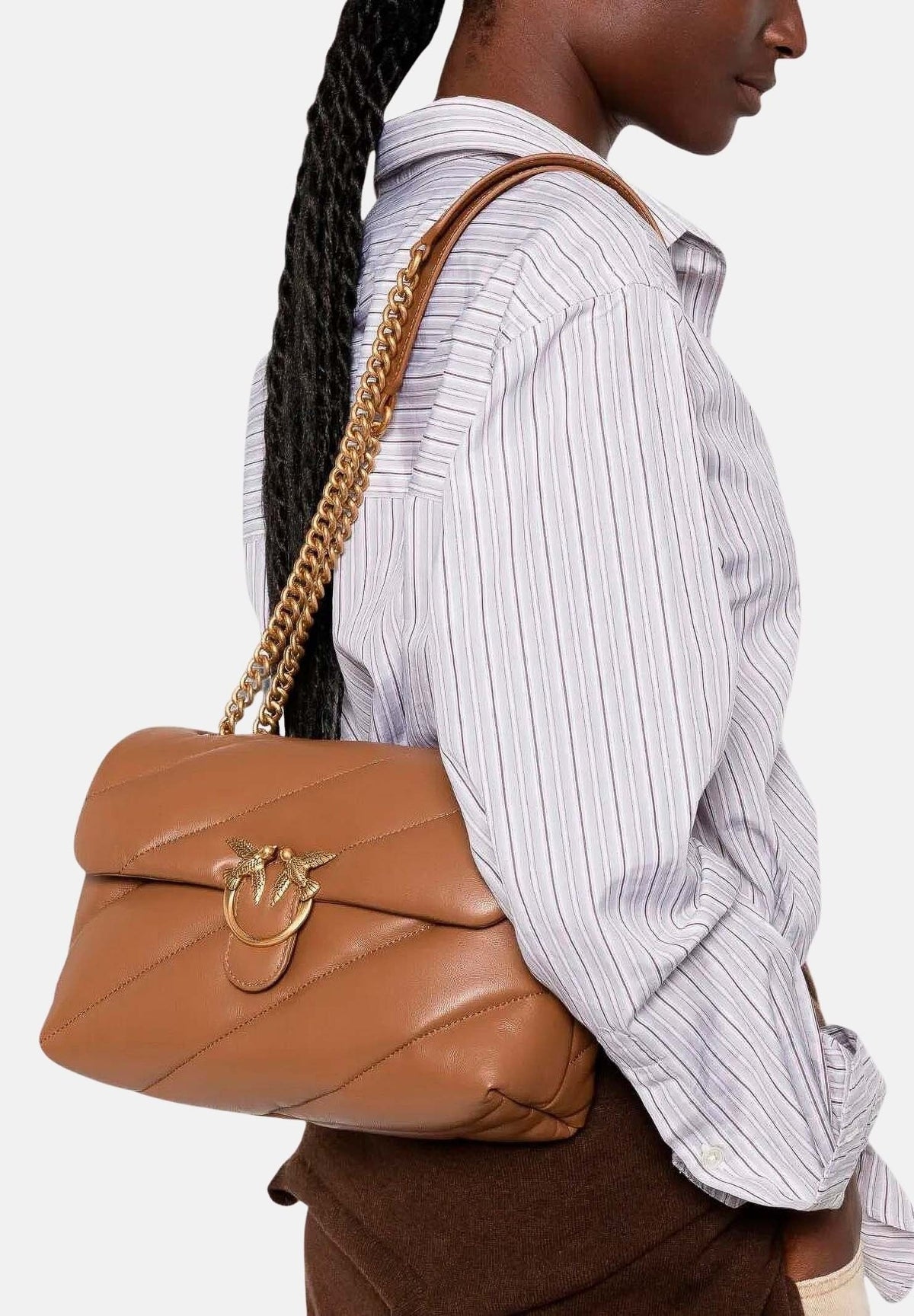 PINKO Borsa a tracolla Love Puff Classic marrone cognac per donna con trapuntatura chevron 107616A0F2 M37Q PINKO