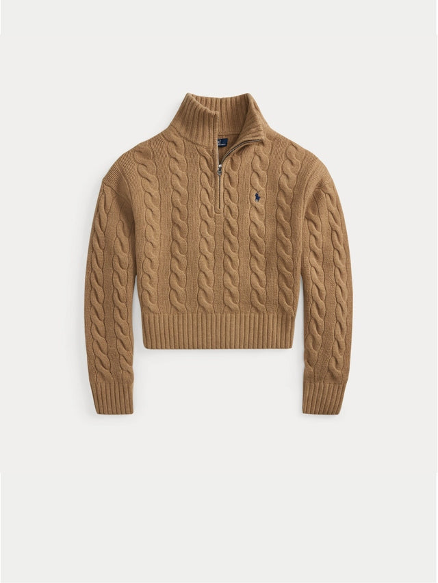 Maglia a Trecce in Lana con Mezza Zip Cammello 211972130 002 RALPH LAUREN