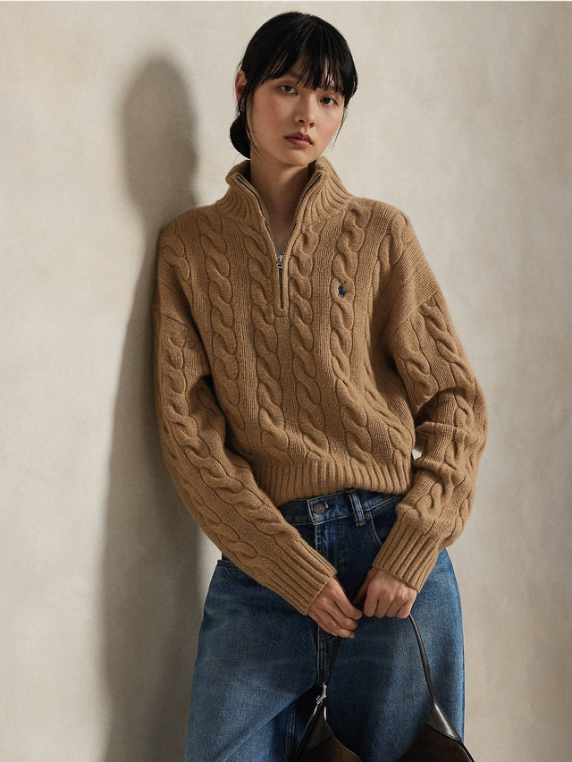 Maglia a Trecce in Lana con Mezza Zip Cammello 211972130 002 RALPH LAUREN