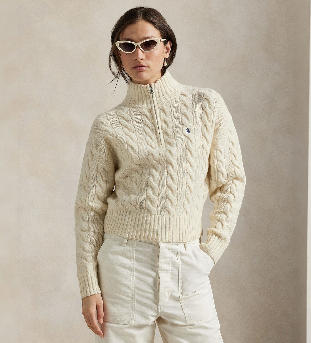 Maglia a Trecce in Lana con Mezza Zip Crema 211972130 003 RALPH LAUREN