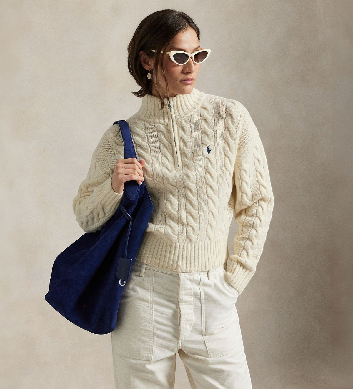 Maglia a Trecce in Lana con Mezza Zip Crema 211972130 003 RALPH LAUREN