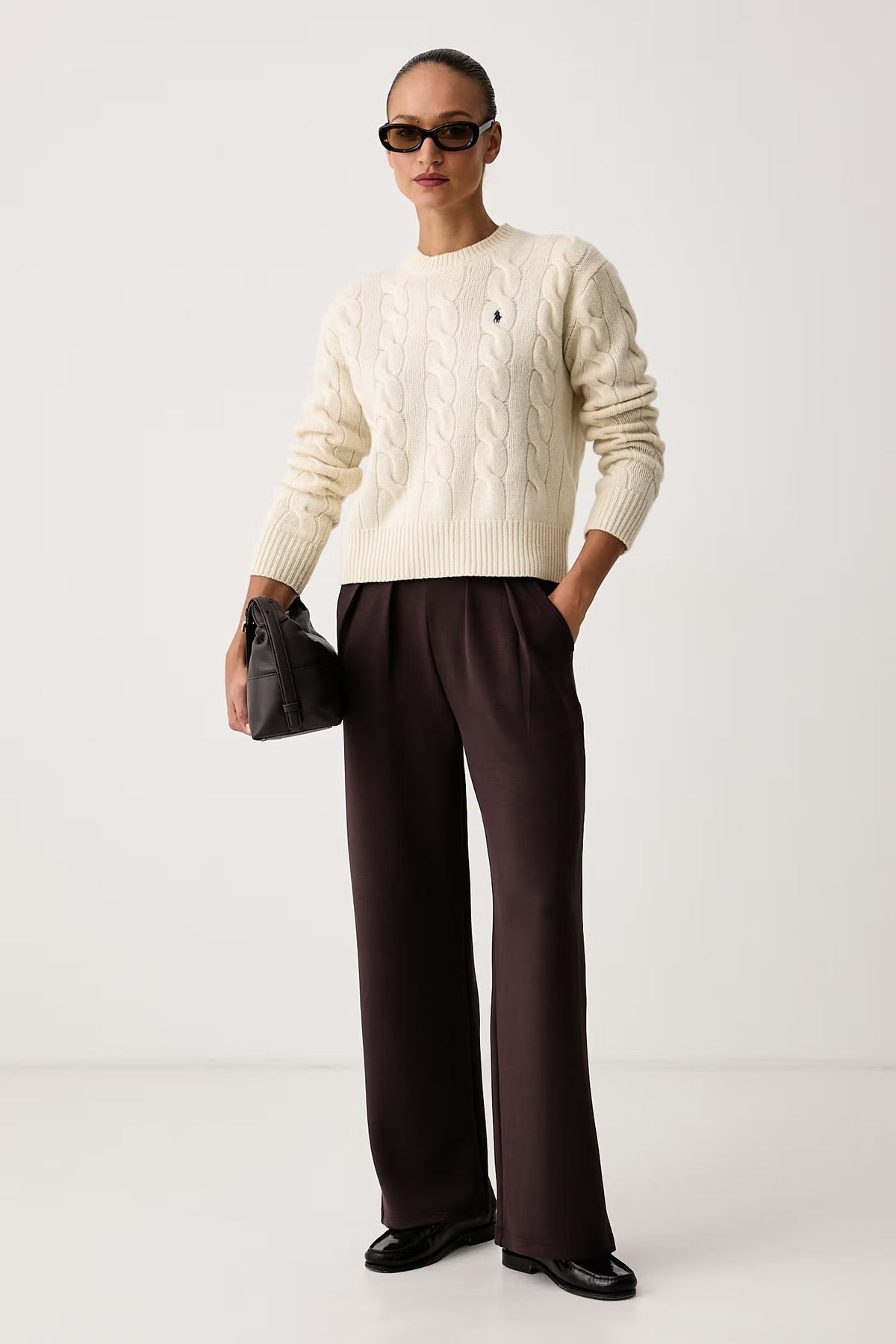 Maglia girocollo in lana e cashmere a trecce color crema con ricamo Pony sul petto.<BR/> 211A91216 002 RALPH LAUREN