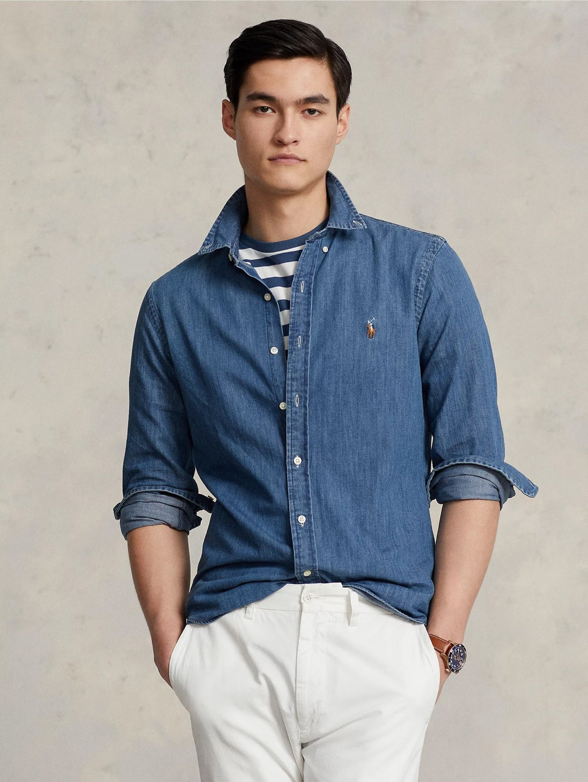 Camicia in Denim Slim Fit Blu<BR/> 710548539 001 RALPH LAUREN