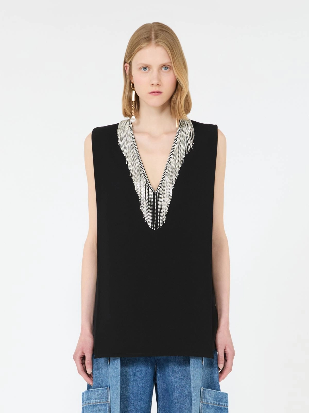 SPORTMAX<BR/>Top smanicato in cady con strass - Nero SPXFAGLIA 003 SPORTMAX