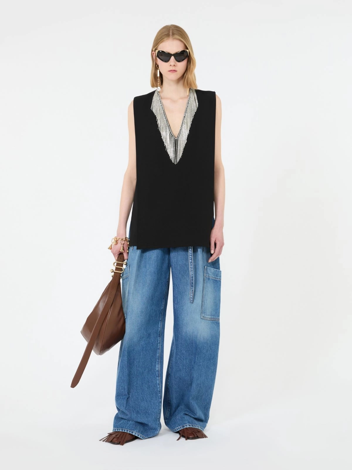 SPORTMAX<BR/>Top smanicato in cady con strass - Nero SPXFAGLIA 003 SPORTMAX