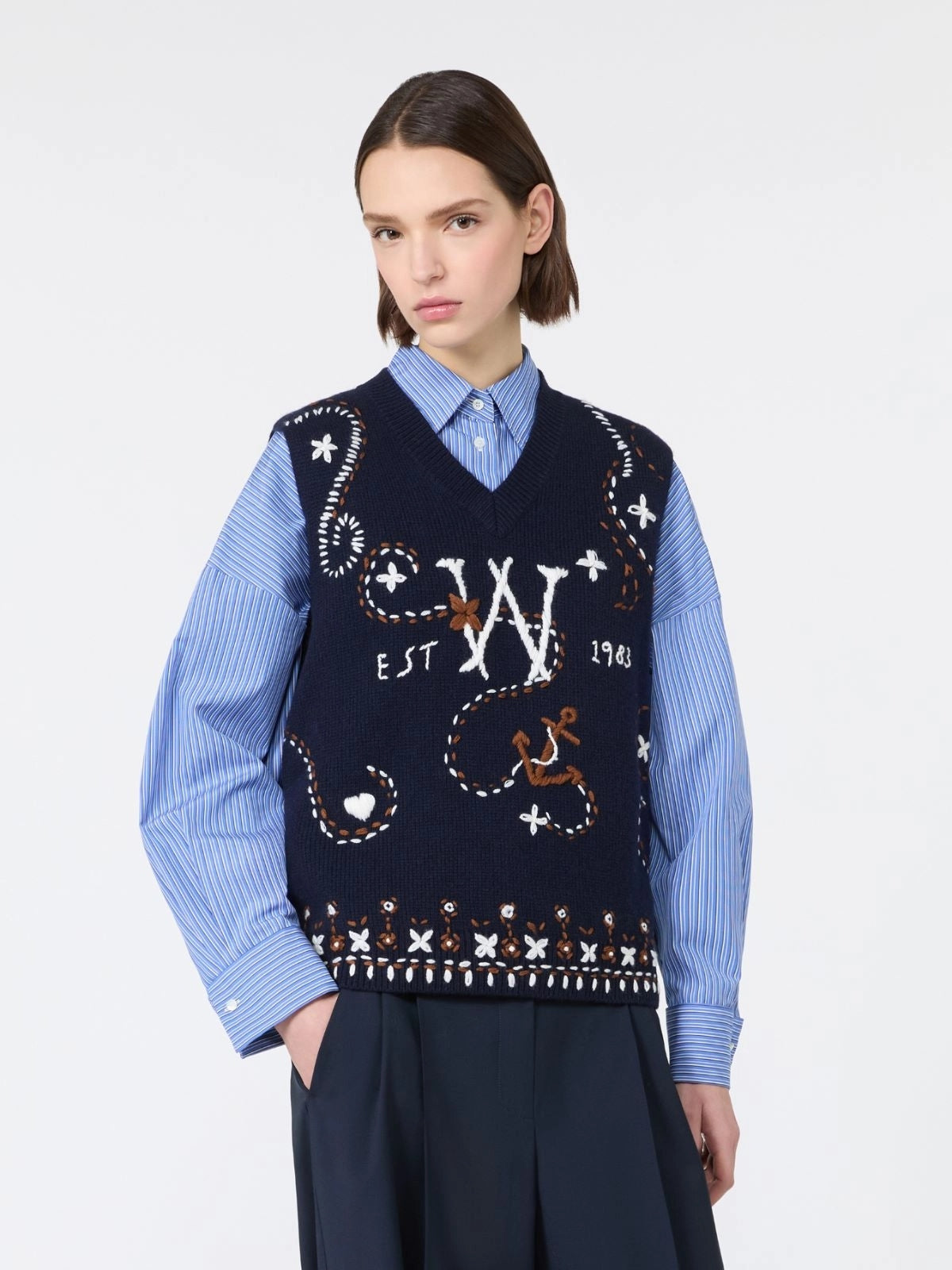 WEEKEND Gilet in filato di lana con ricami - BLU MARINO WKDCACAO 002 WEEKEND