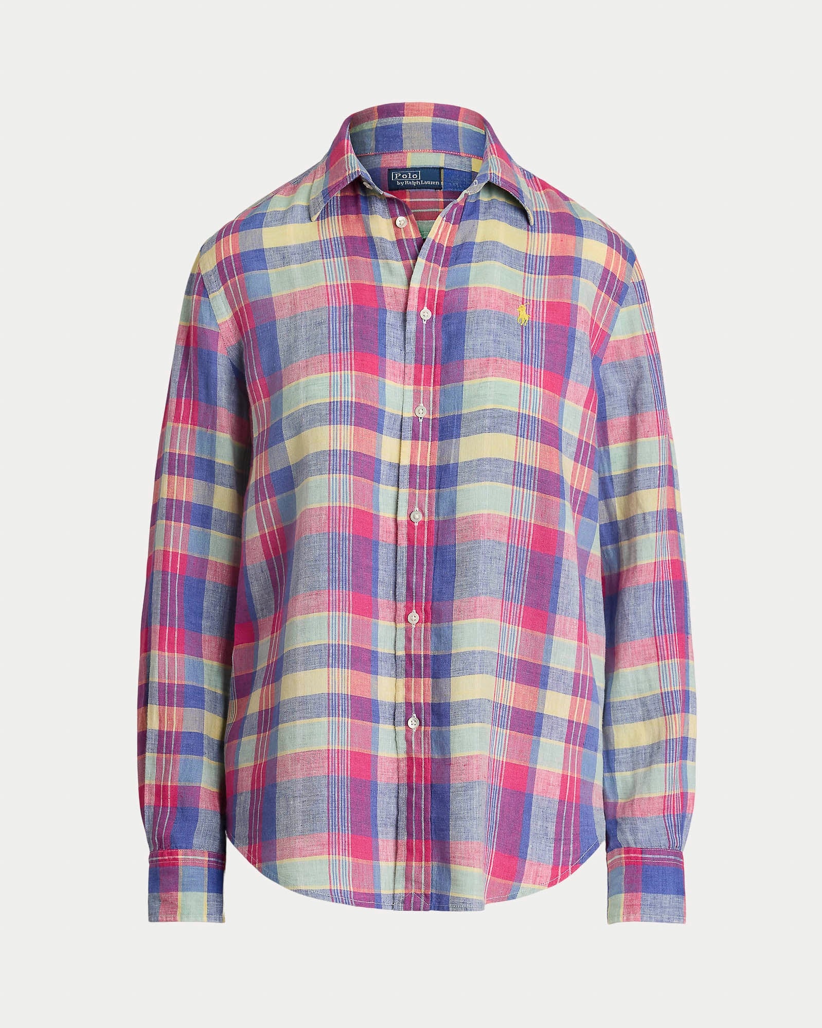 Camicia in lino a fantasia tartan rosa e azzurro con logo giallo ricamato sul petto<BR/> 211970733 001 RALPH LAUREN