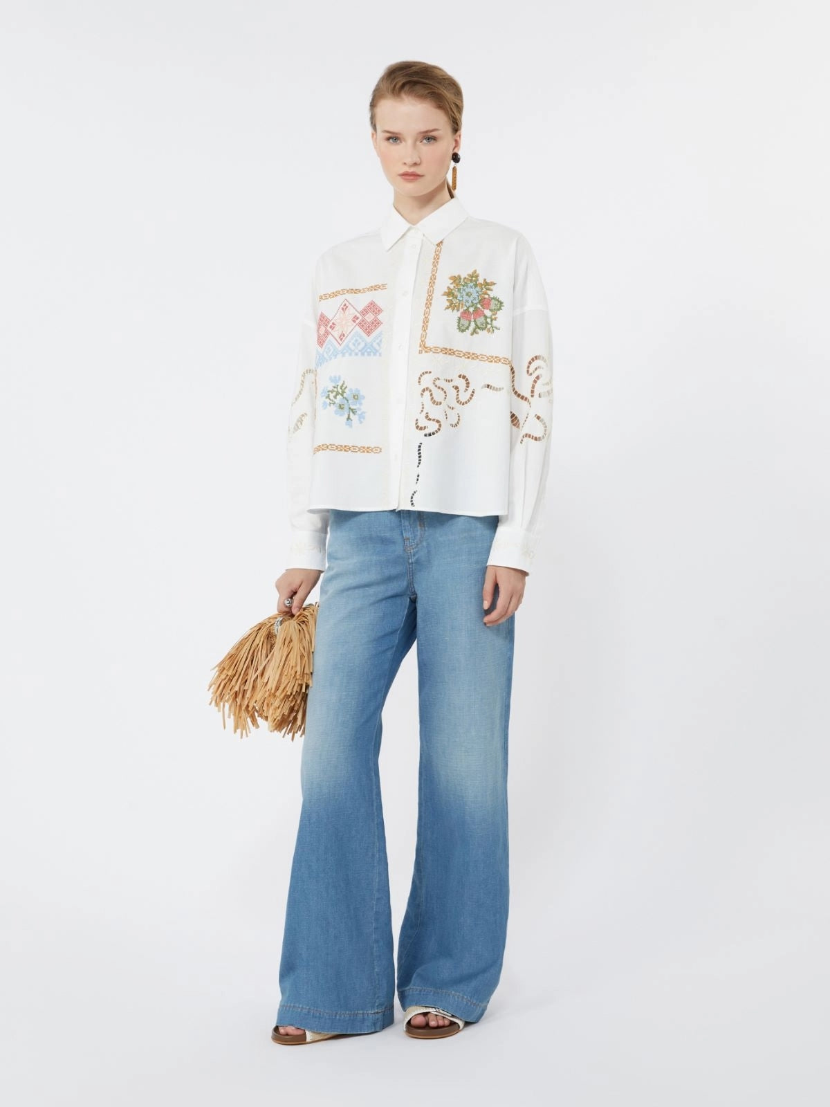 Camicia in cotone con pizzo e ricami - BIANCO<BR/> WKDFONTE 001 WEEKEND