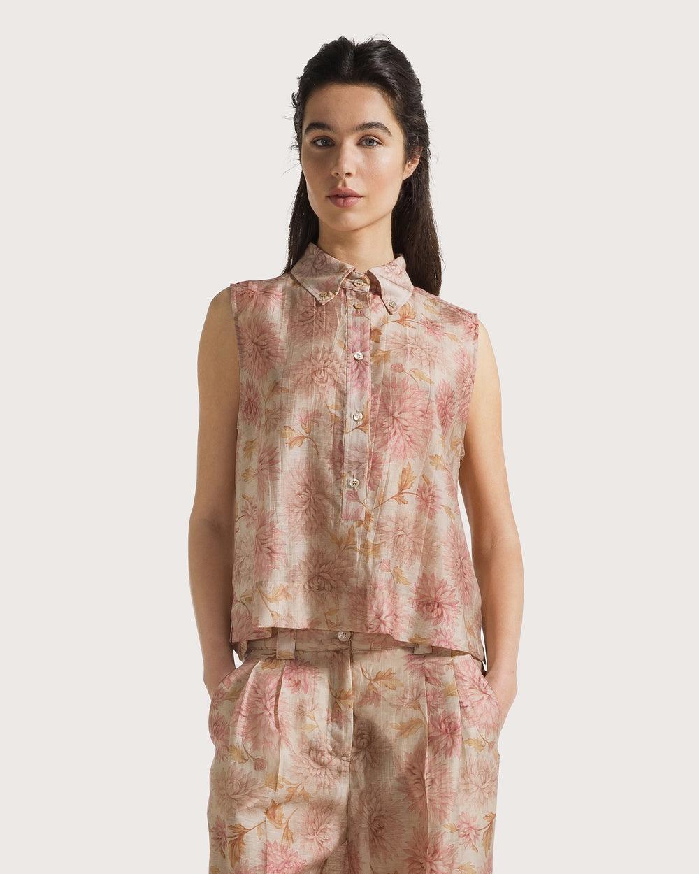 Camicia smanicata in organza di lino stampata<BR/> TO0203450272 572 SEVENTY