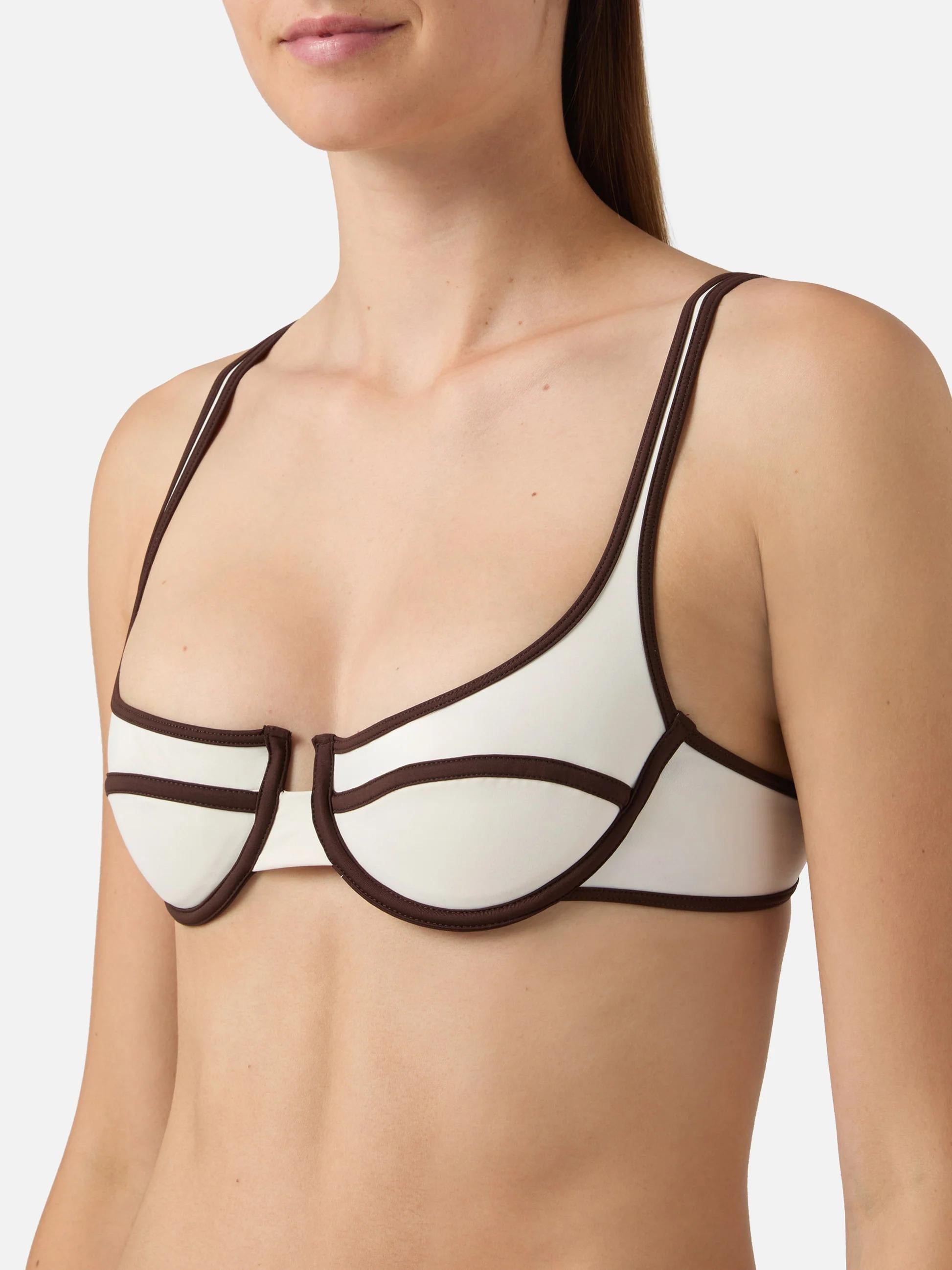 Top bikini Amira String balconette panna con profili marroni<BR/> AMIR003 01600L MC2 SAINT BARTH