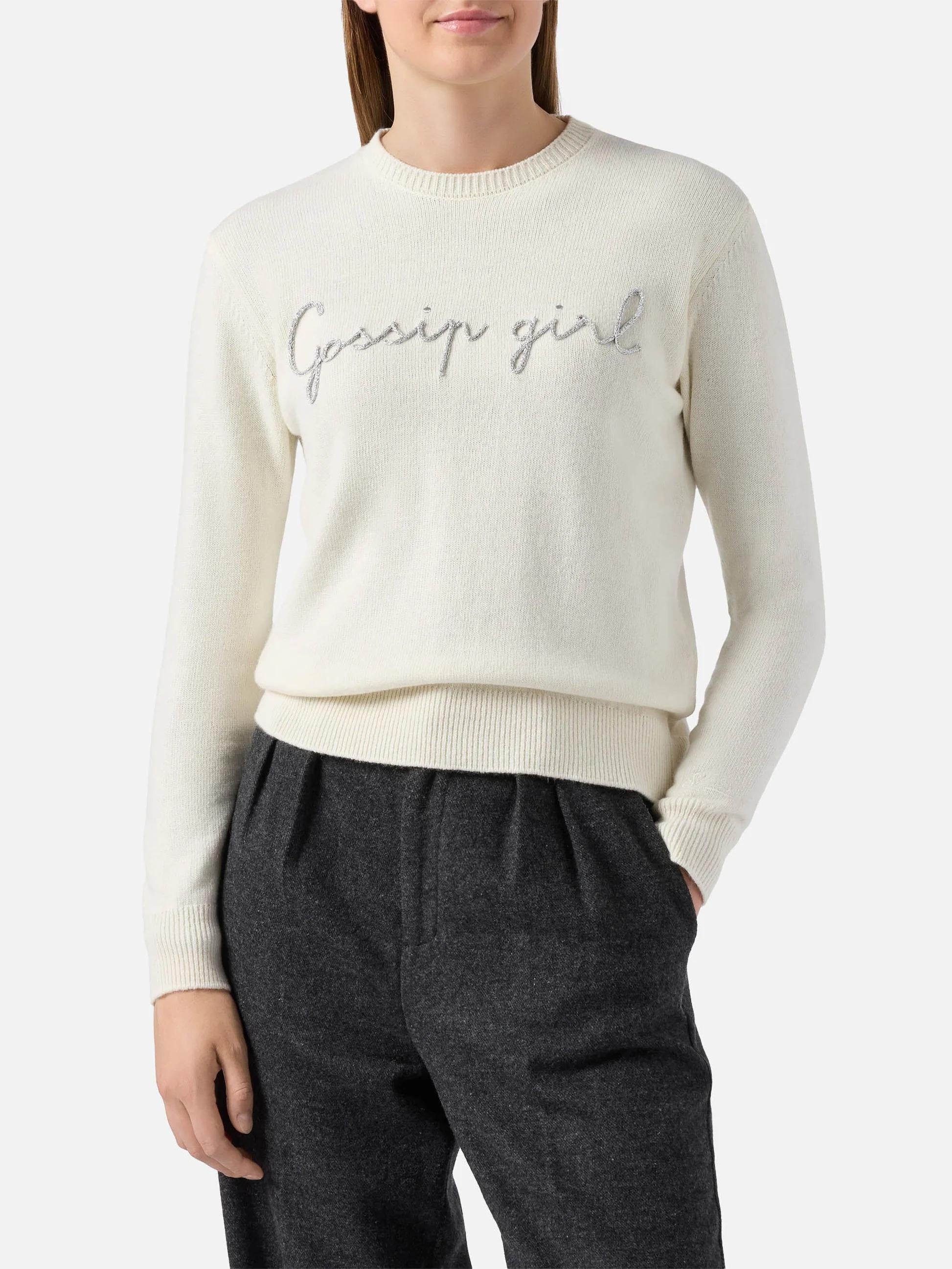 Maglione New Queen in misto cashmere bianco con ricamo lurex Gossip Girl<BR/> QUE0010 03954I MC2 SAINT BARTH