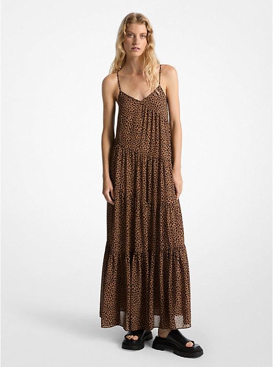 Maxi abito a balze in georgette con stampa maculata