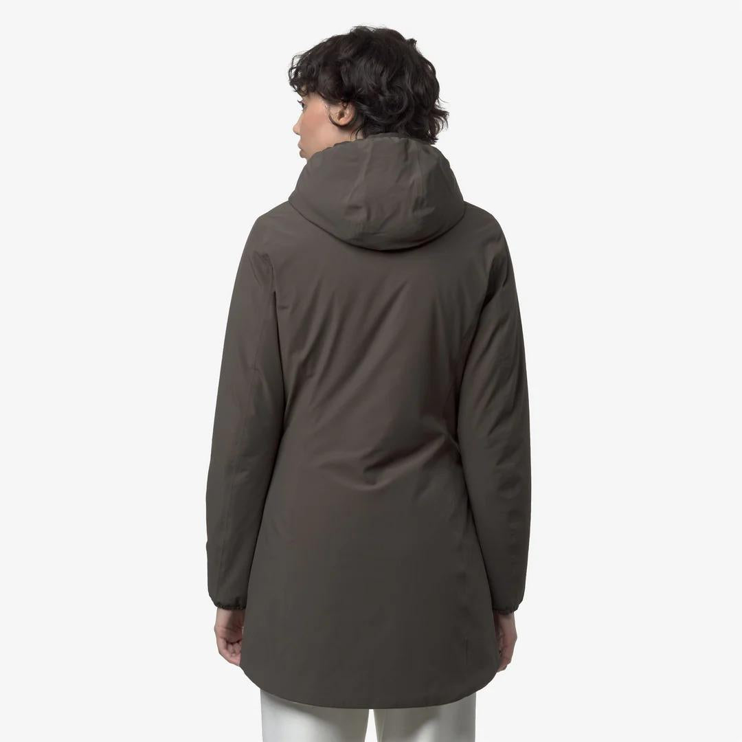 DENISE ST WARM REVERSIBLE<BR/>BLACK OLIVE-GREEN OAK<BR/>Giacca reversibile da donna di media lunghezza con isolamento K6128UW B42 K-WAY