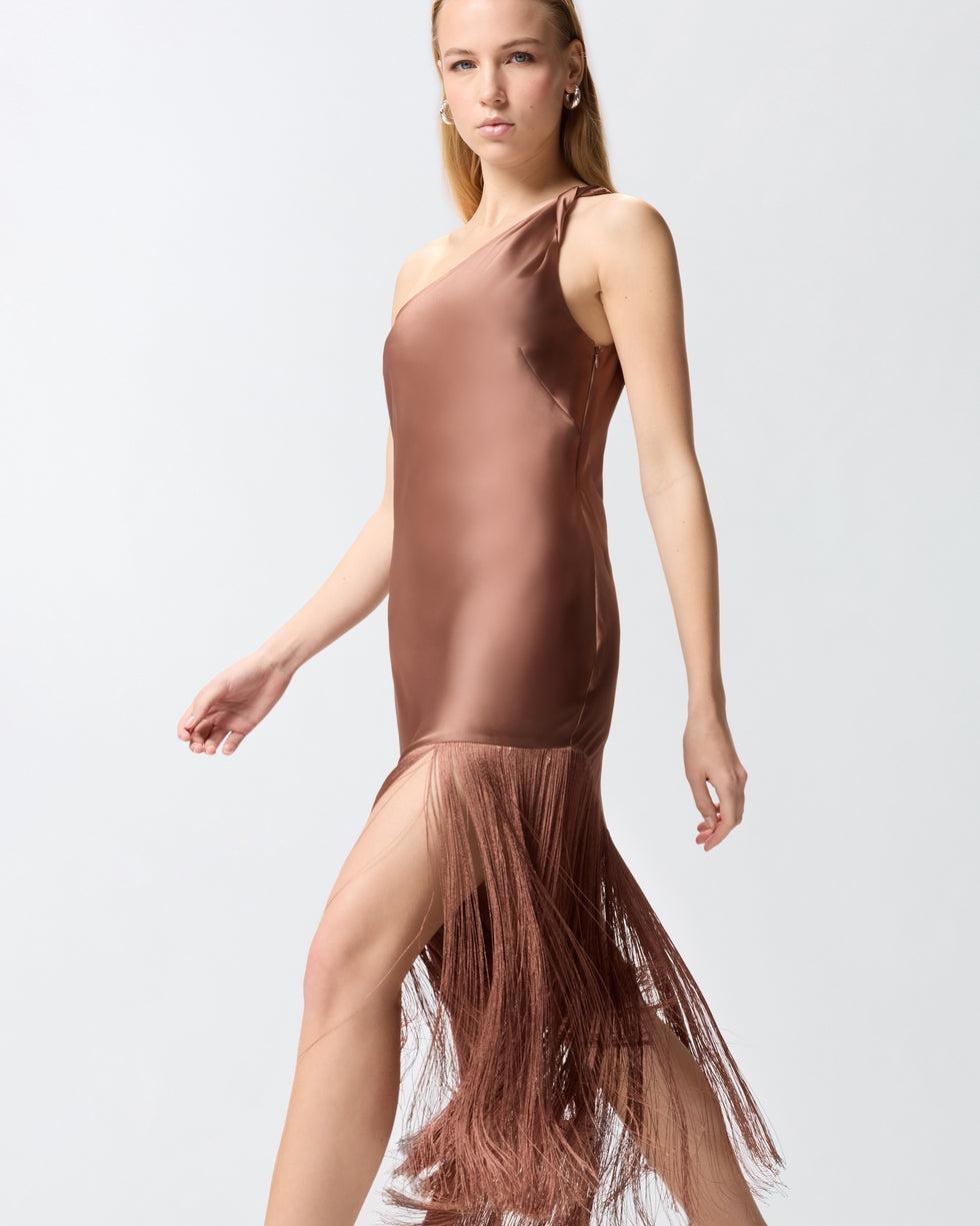 Abito corto monospalla in satin con frange<BR/> 106352A33D L50 PINKO