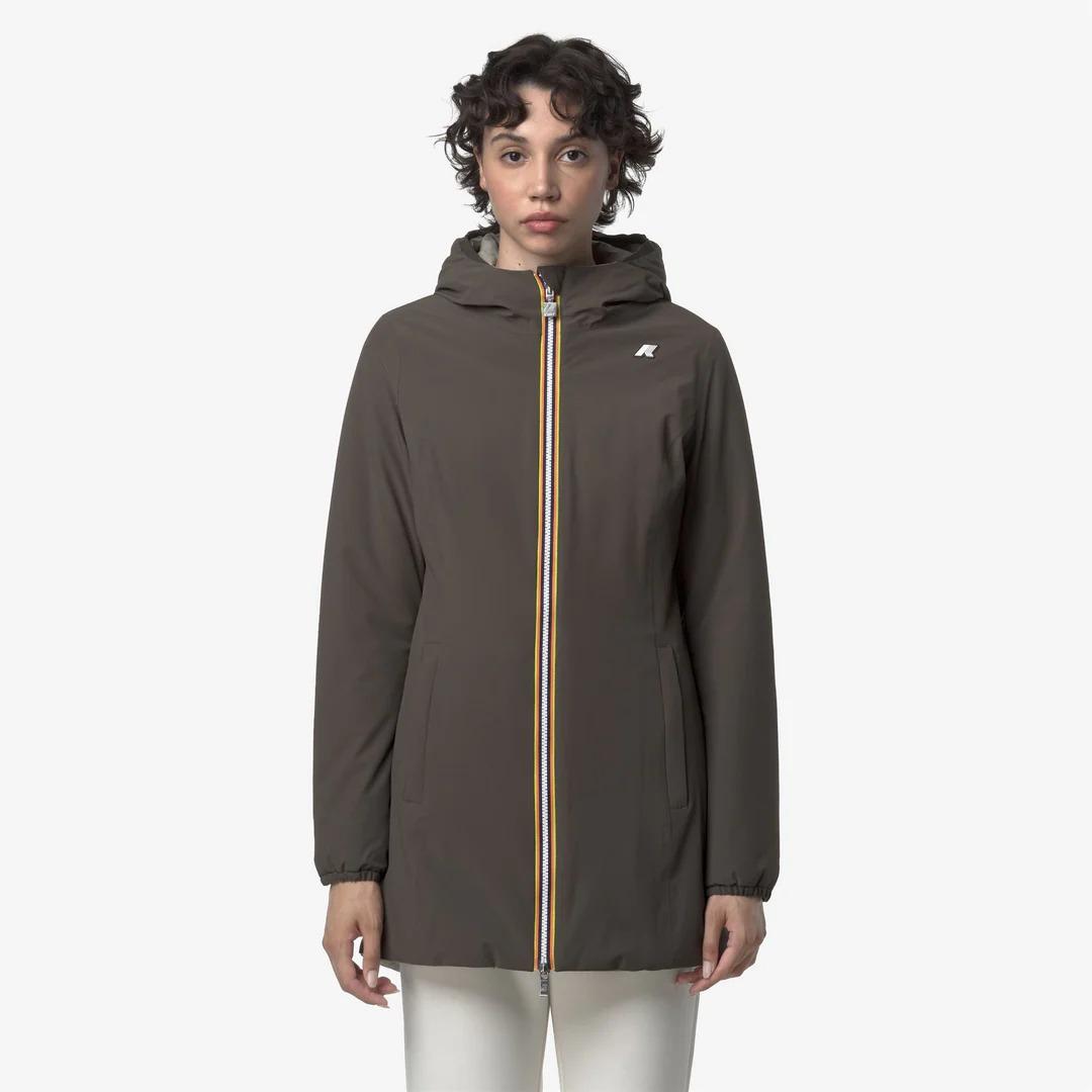 DENISE ST WARM REVERSIBLE<BR/>BLACK OLIVE-GREEN OAK<BR/>Giacca reversibile da donna di media lunghezza con isolamento K6128UW B42 K-WAY