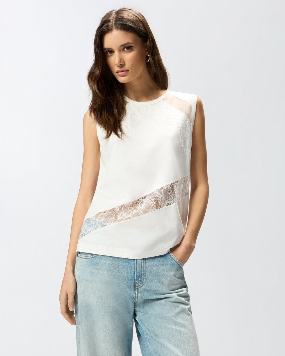 Top smanicato con dettagli in pizzo<BR/> 106291A335 Z05 PINKO