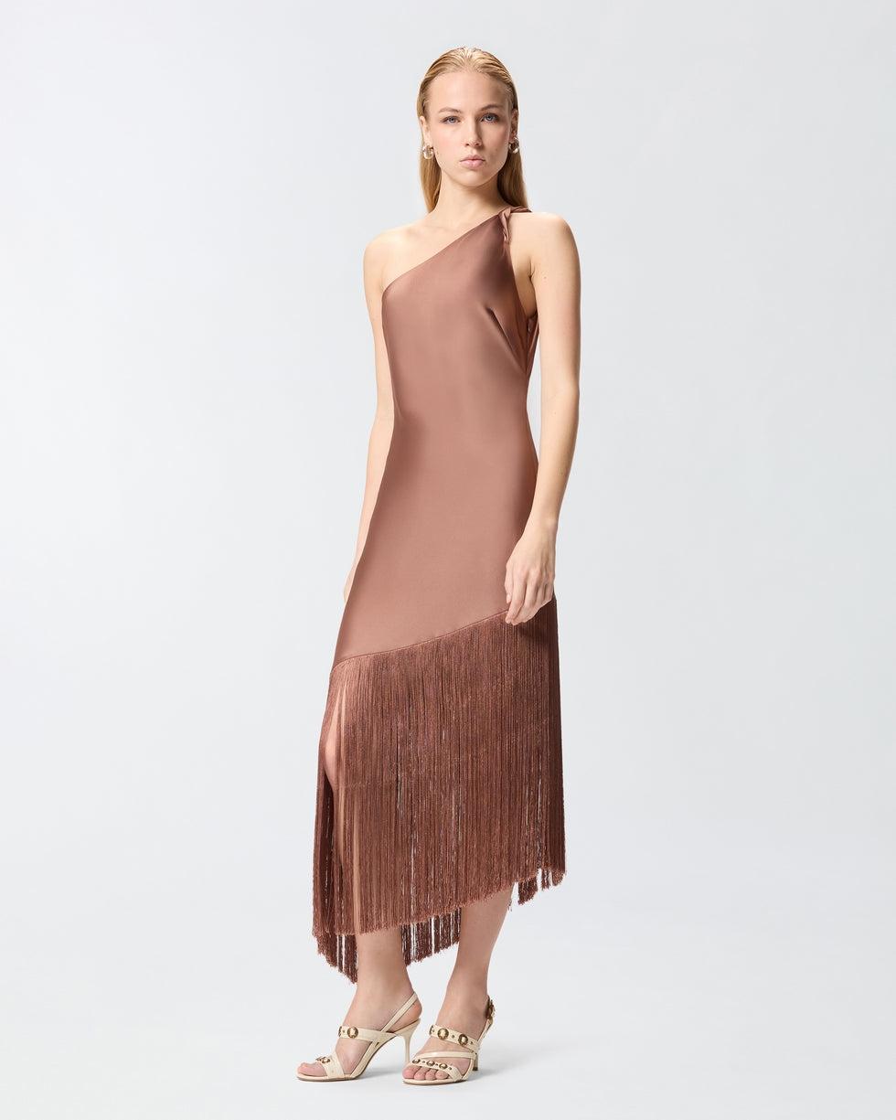 Abito corto monospalla in satin con frange<BR/> 106352A33D L50 PINKO
