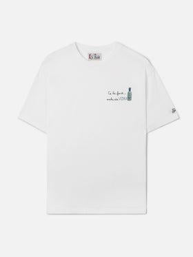 T-shirt portofino in cotone bianco con ricamo Ce la farò anche sta Vodka POT0001 04492L MC2 SAINT BARTH