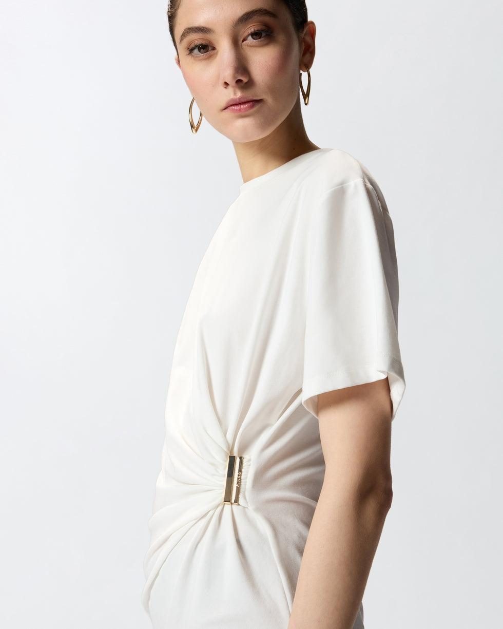 T-shirt con drappeggio e dettaglio dorato<BR/> 106455A35D Z05 PINKO