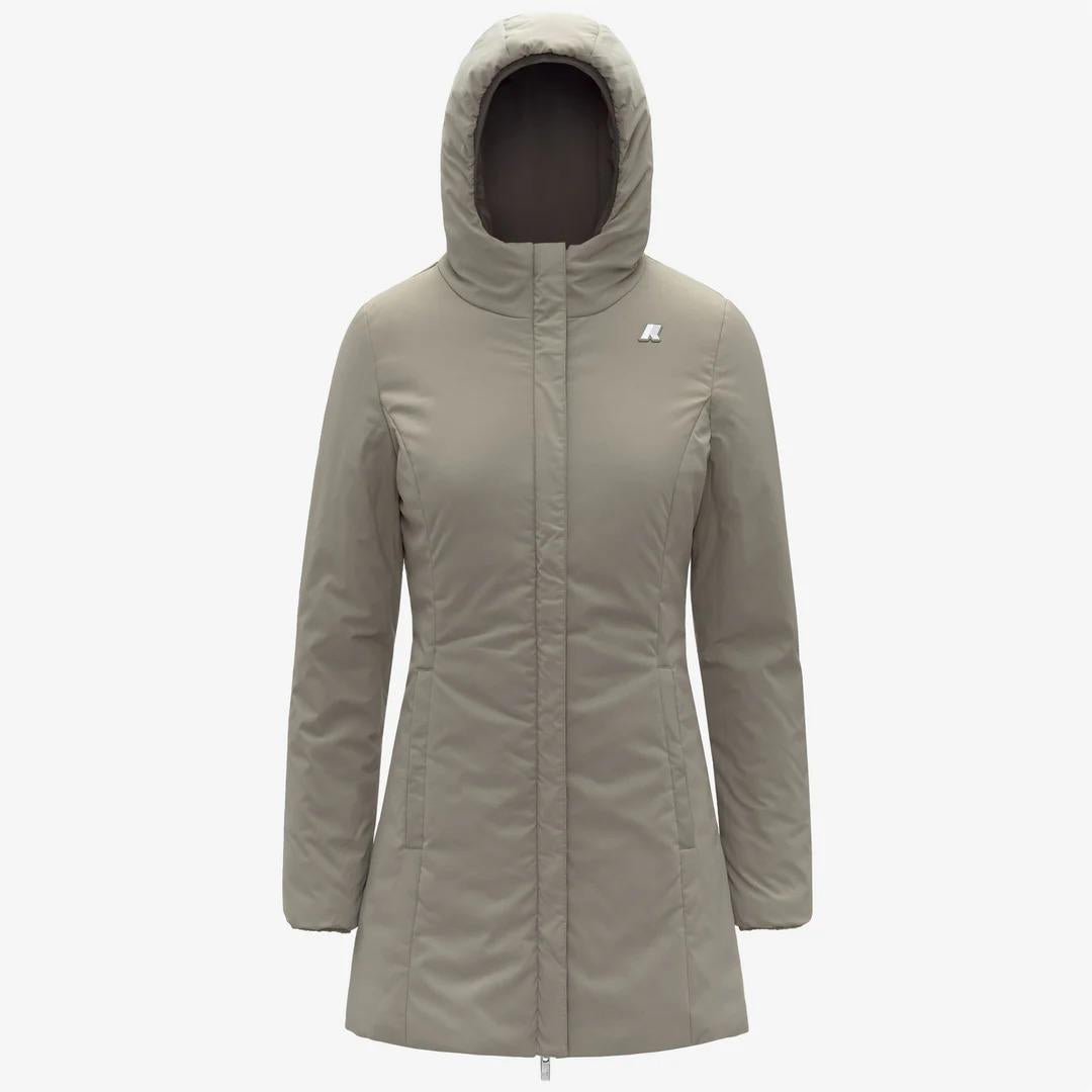 DENISE ST WARM REVERSIBLE<BR/>BLACK OLIVE-GREEN OAK<BR/>Giacca reversibile da donna di media lunghezza con isolamento K6128UW B42 K-WAY