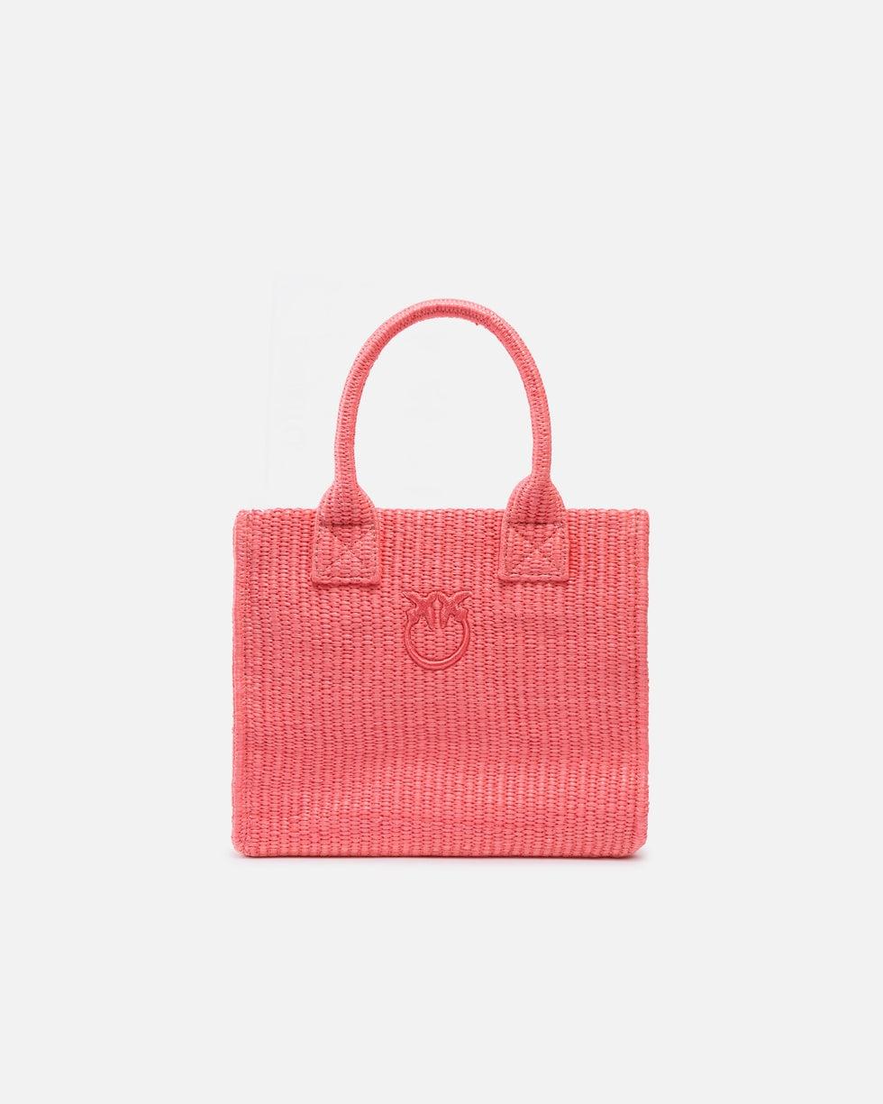 Borsa shopper piccola Beach in rafia con logo Love Birds<BR/> 106832A39Y N17 PINKO