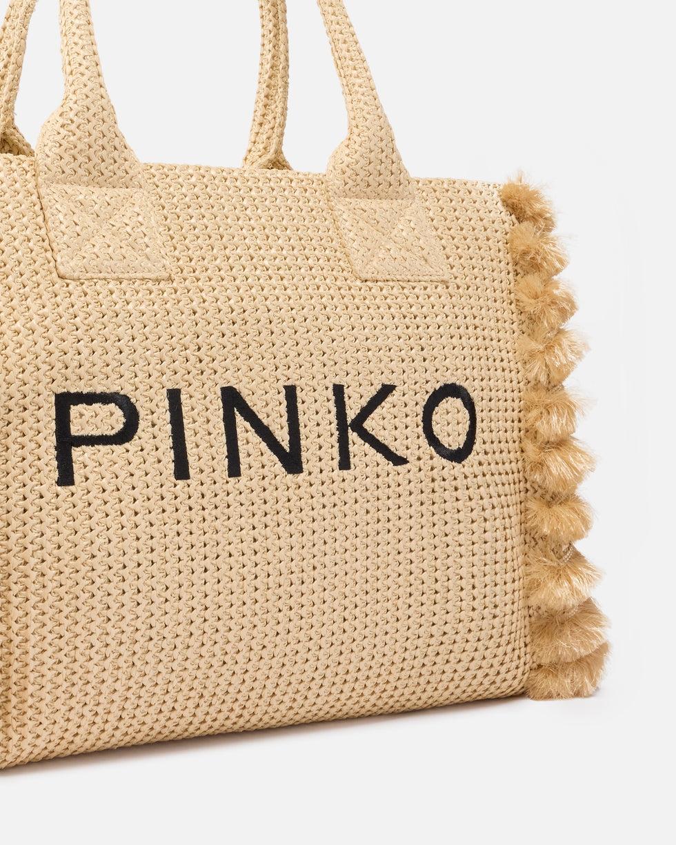 Borsa shopper media Beach in rafia con logo e nappine<BR/> 106673A39Y HZ3Q PINKO
