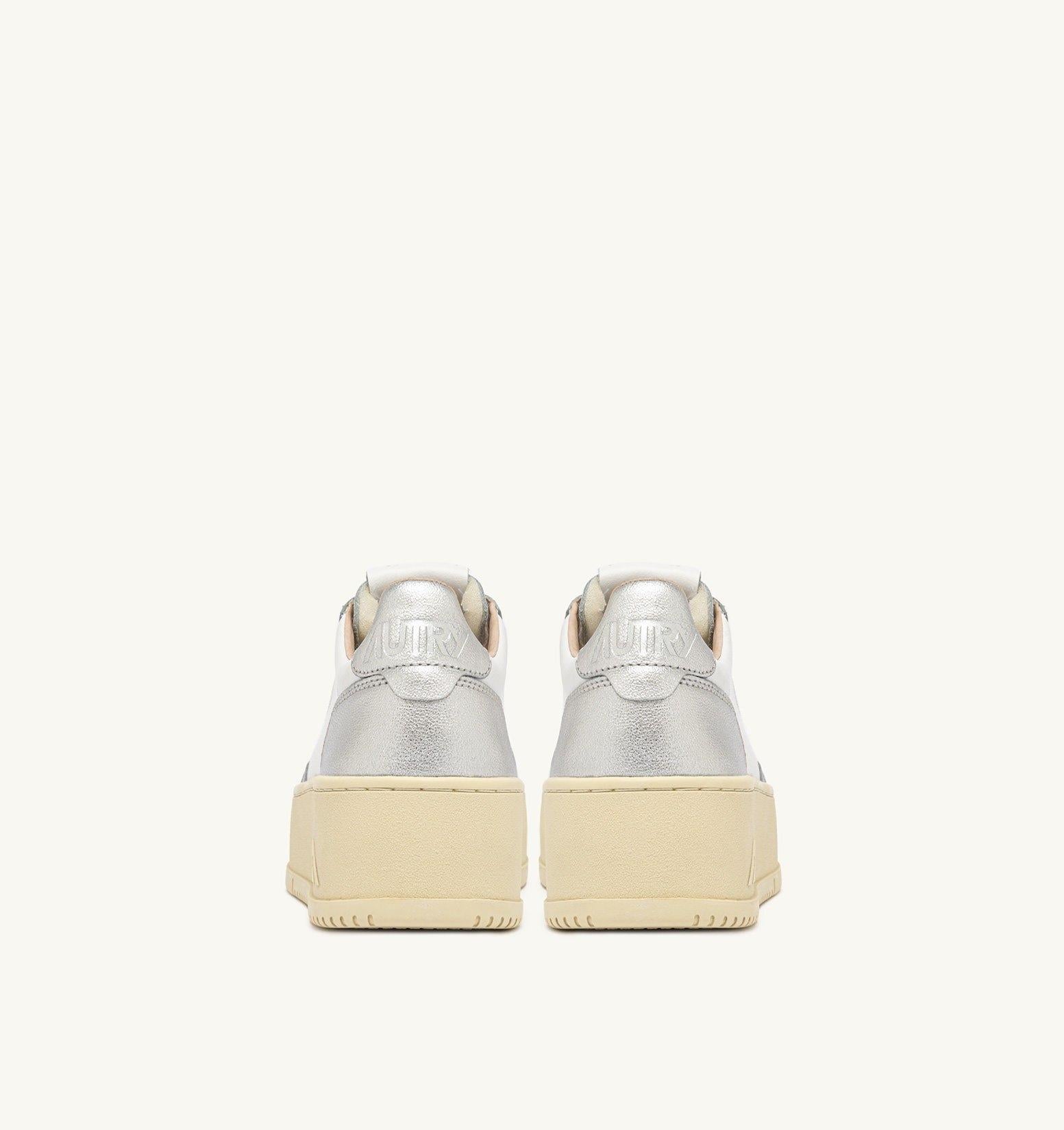 SNEAKERS MEDALIST PLATFORM IN PELLE BIANCA E METALLIZZATA ARGENTO