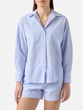 Camicia Cristal in seersucker a righe azzurre con ricami<BR/> CYS0001 00702L MC2 SAINT BARTH