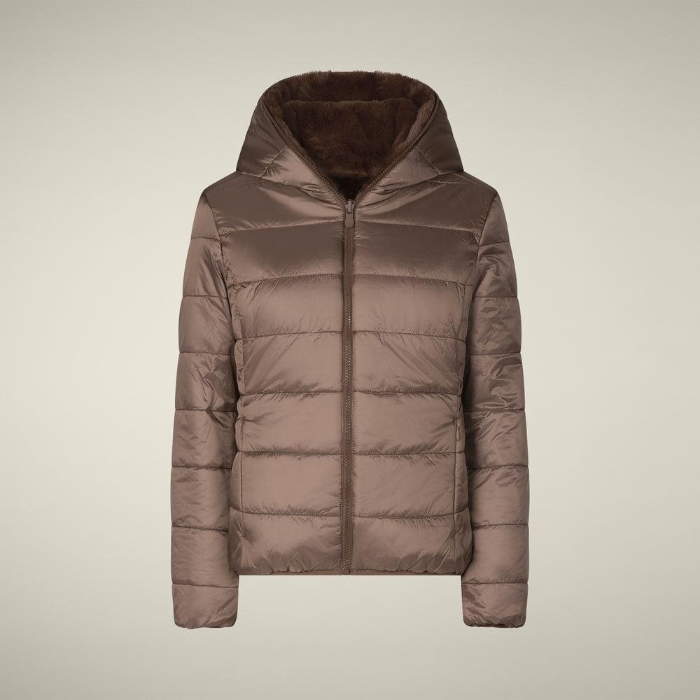 Giacca donna reversibile mod. Laila in pelliccia animal free marrone teddy<BR/> D33540W 10000 SAVE THE DUCK