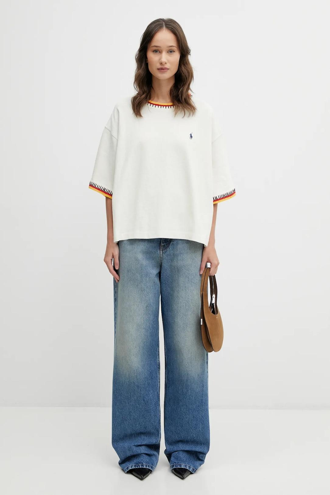 T-shirt in cotone con bordi uncinetto colorati 211A96265 001 RALPH LAUREN