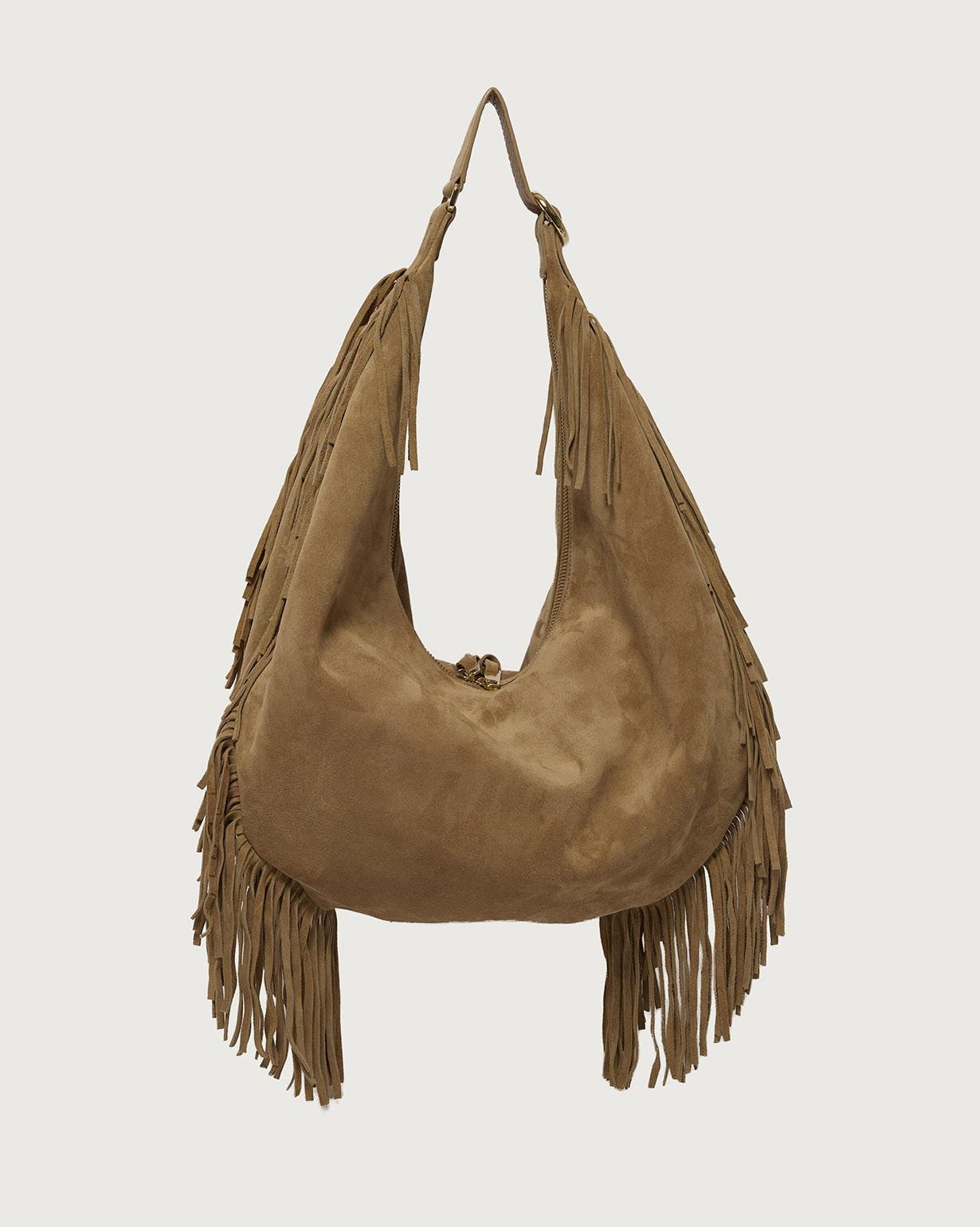 Borsa Isola Peach Fringe Large a spalla in suede<BR/> B02226PFG BISCOTTO ORCIANI