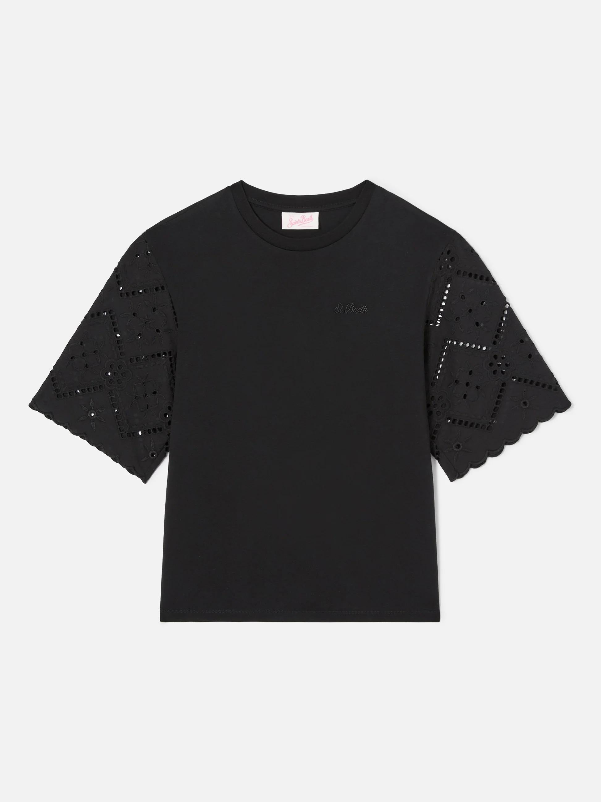 T-shirt Maisa nera con maniche in sangallo e ricamo St. Barth MSA0002 08714L MC2 SAINT BARTH