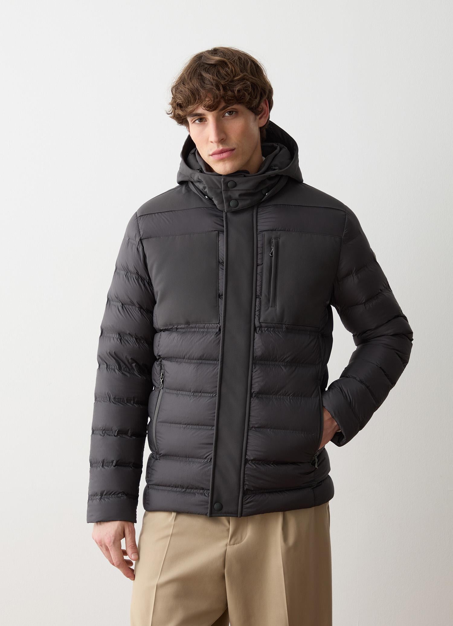 Men's down jacket in technical fabric with hood