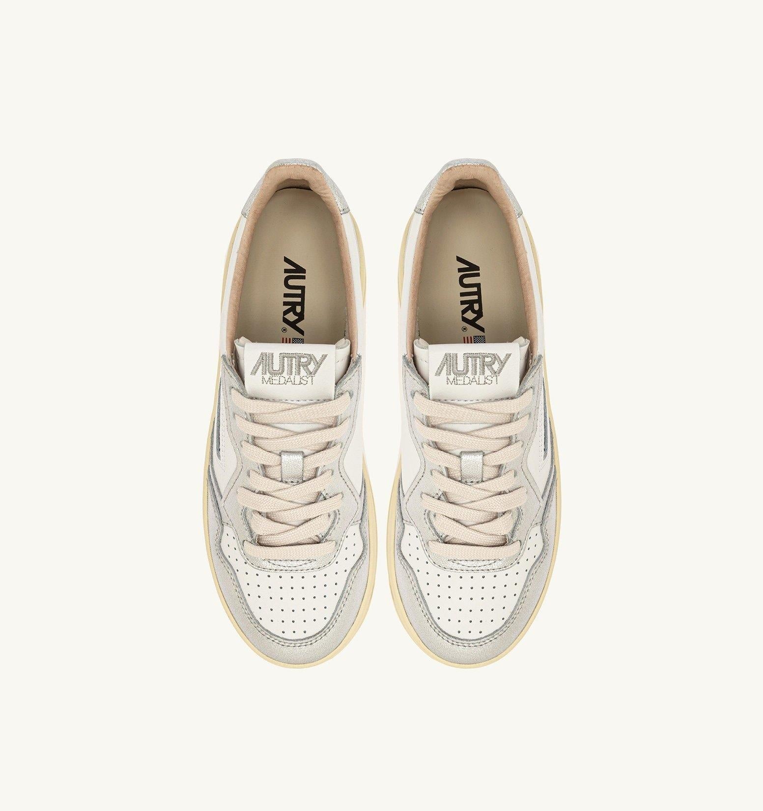 SNEAKERS MEDALIST PLATFORM IN PELLE BIANCA E METALLIZZATA ARGENTO