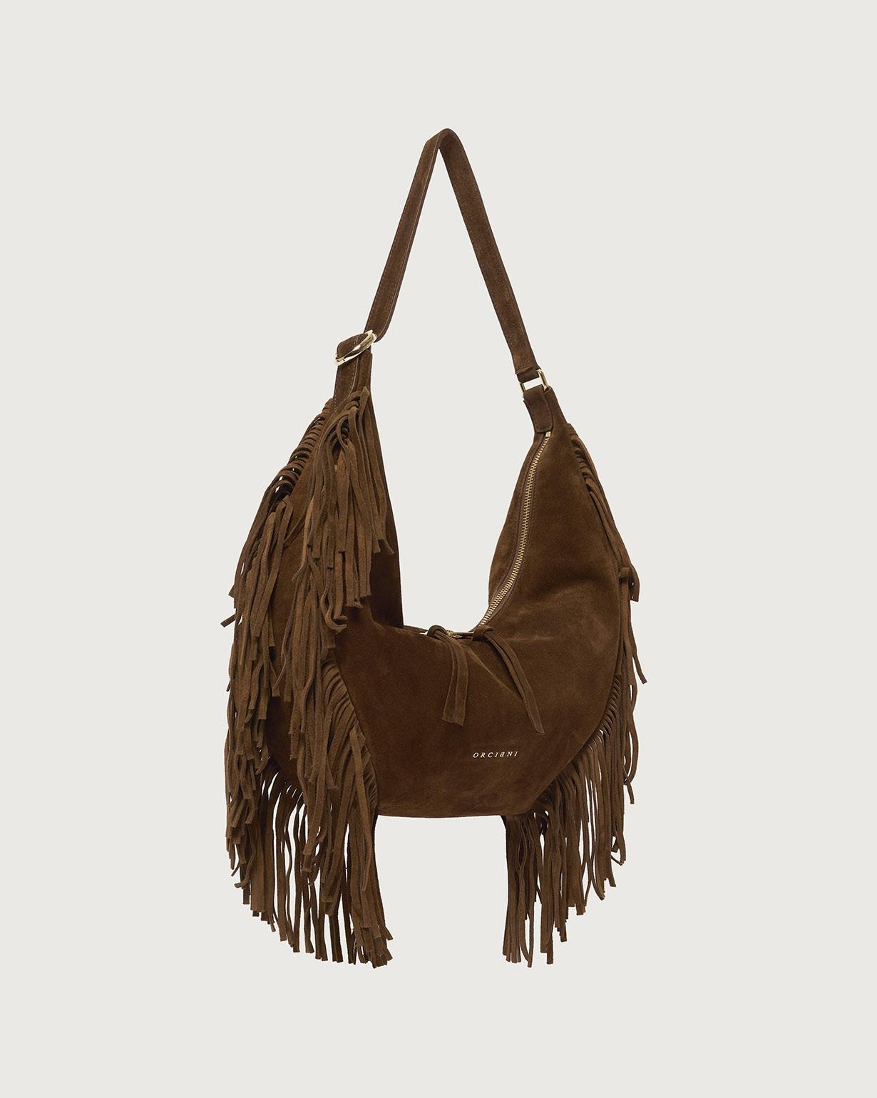 Borsa Isola Peach Fringe Small a spalla in suede<BR/> B02227PFG COCOA ORCIANI