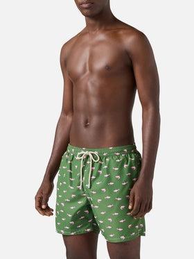 Costume mare Lighting Micro verde con stampa squali rosa a contrasto<BR/> LIG0003 02149L MC2 SAINT BARTH