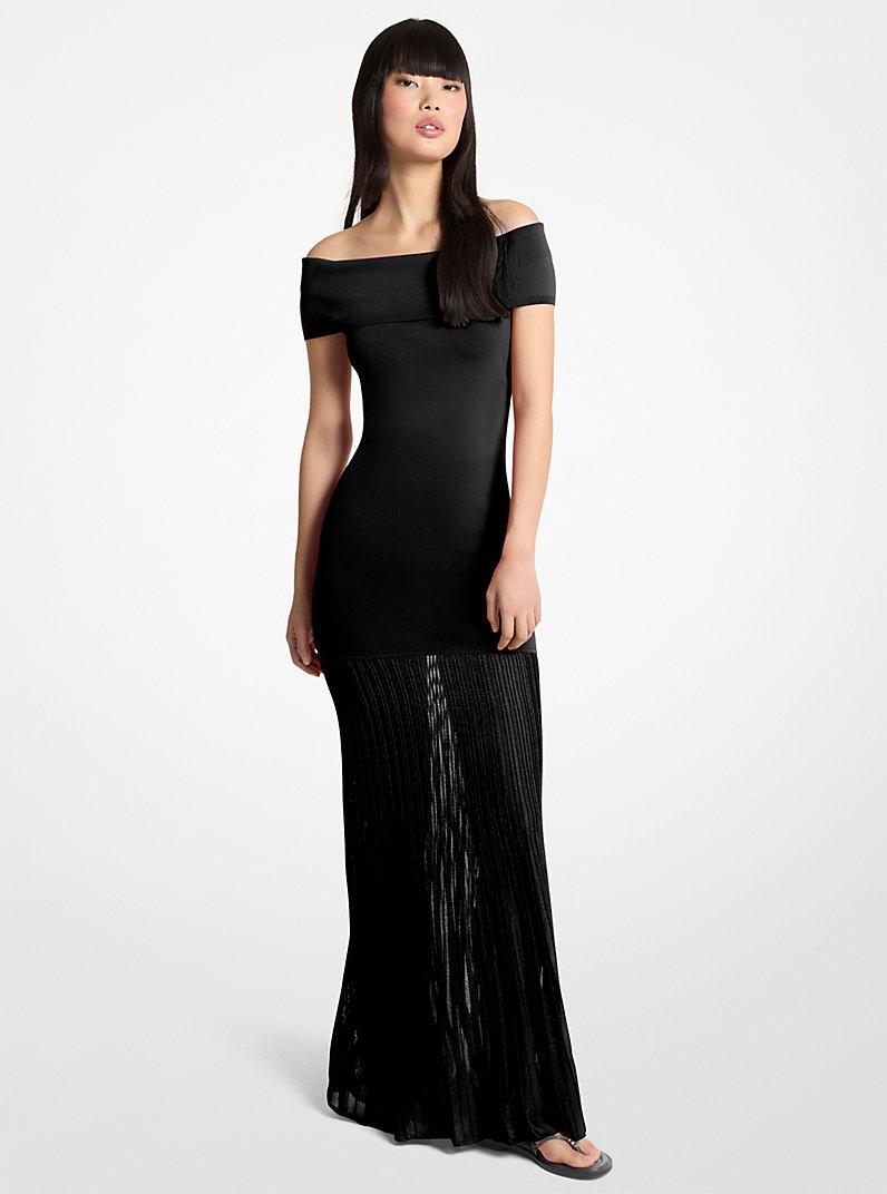 Maxi abito in maglia plissettata stretch con spalle scoperte<BR/> MS683HGBFD 001 MICHAEL KORS