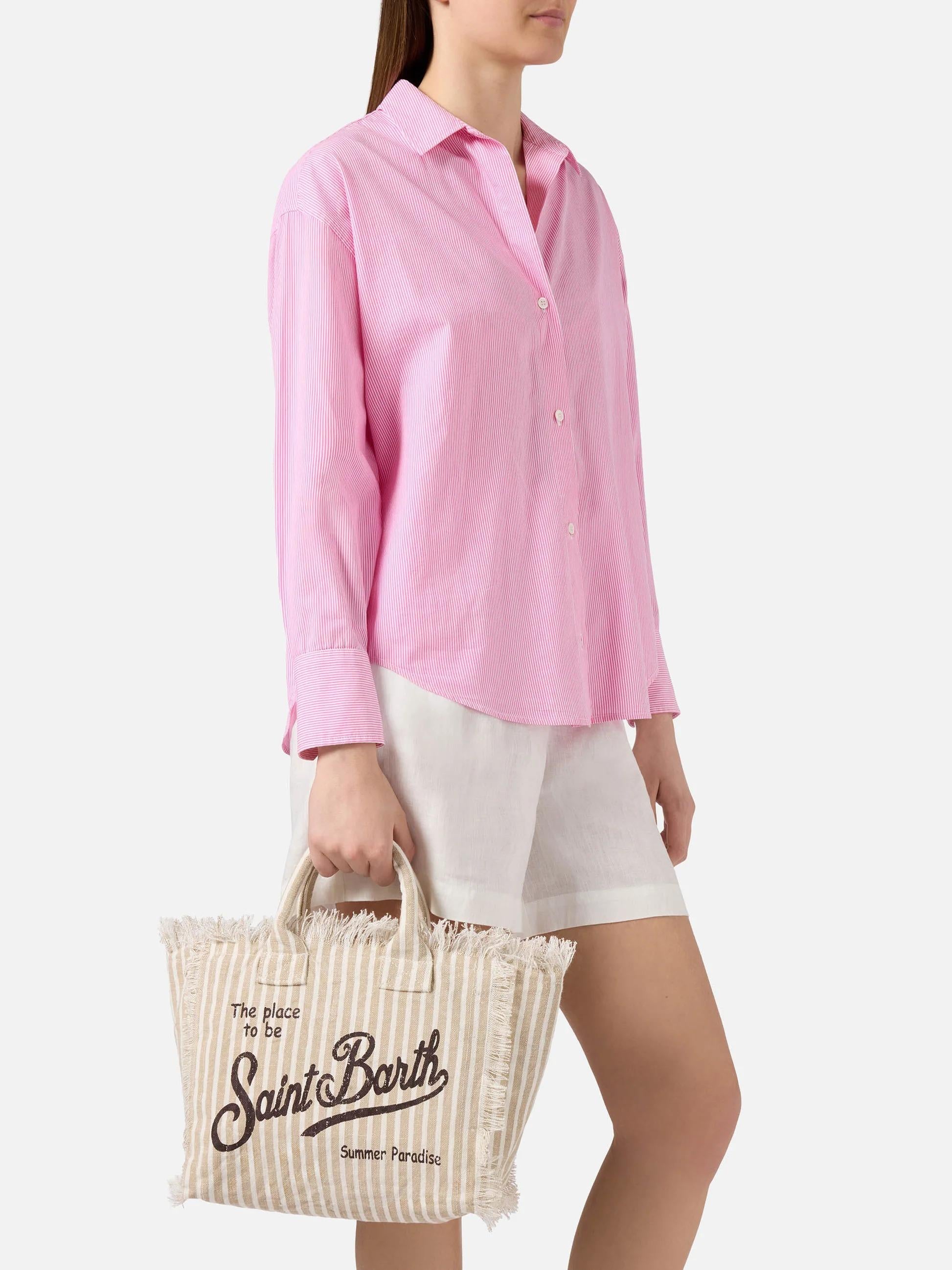 Borsa Colette in lino a righe beige e bianche<BR/> COL0018 00433L MC2 SAINT BARTH