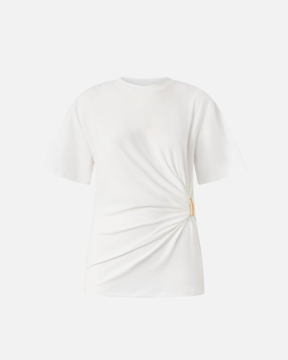 T-shirt con drappeggio e dettaglio dorato<BR/> 106455A35D Z05 PINKO
