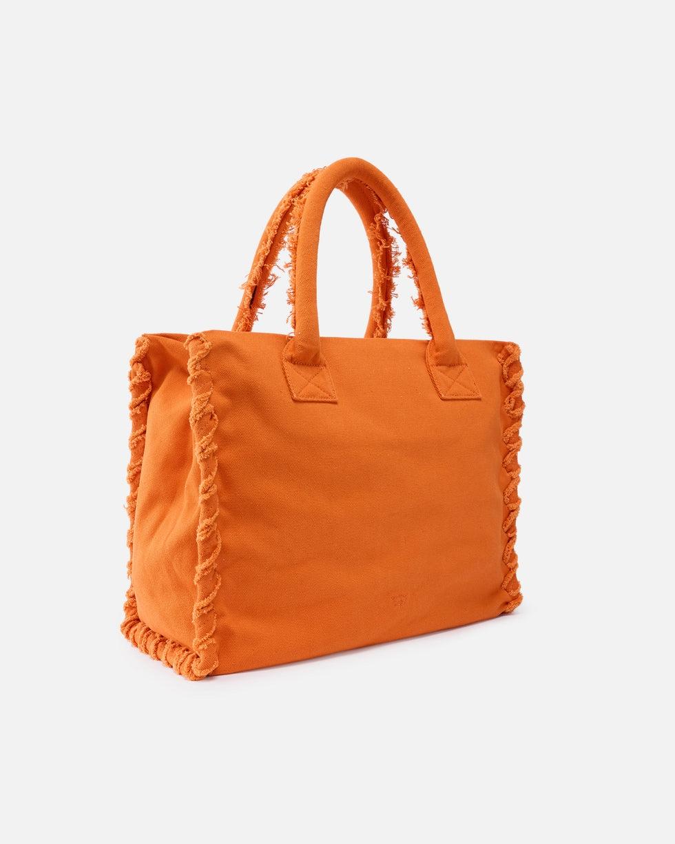 Borsa shopper media Beach in canvas con logo e dettagli sfrangiati<BR/> 106673A3A4 A76 PINKO