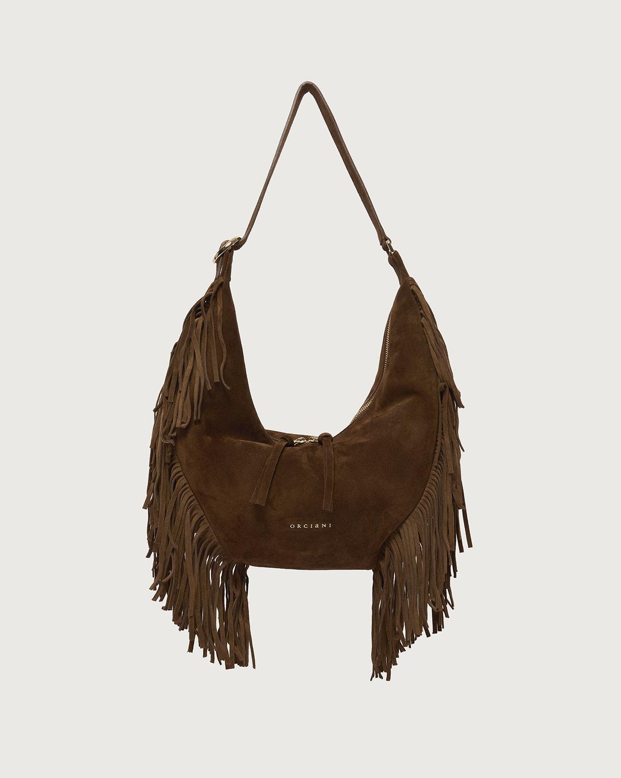 Borsa Isola Peach Fringe Small a spalla in suede<BR/> B02227PFG COCOA ORCIANI
